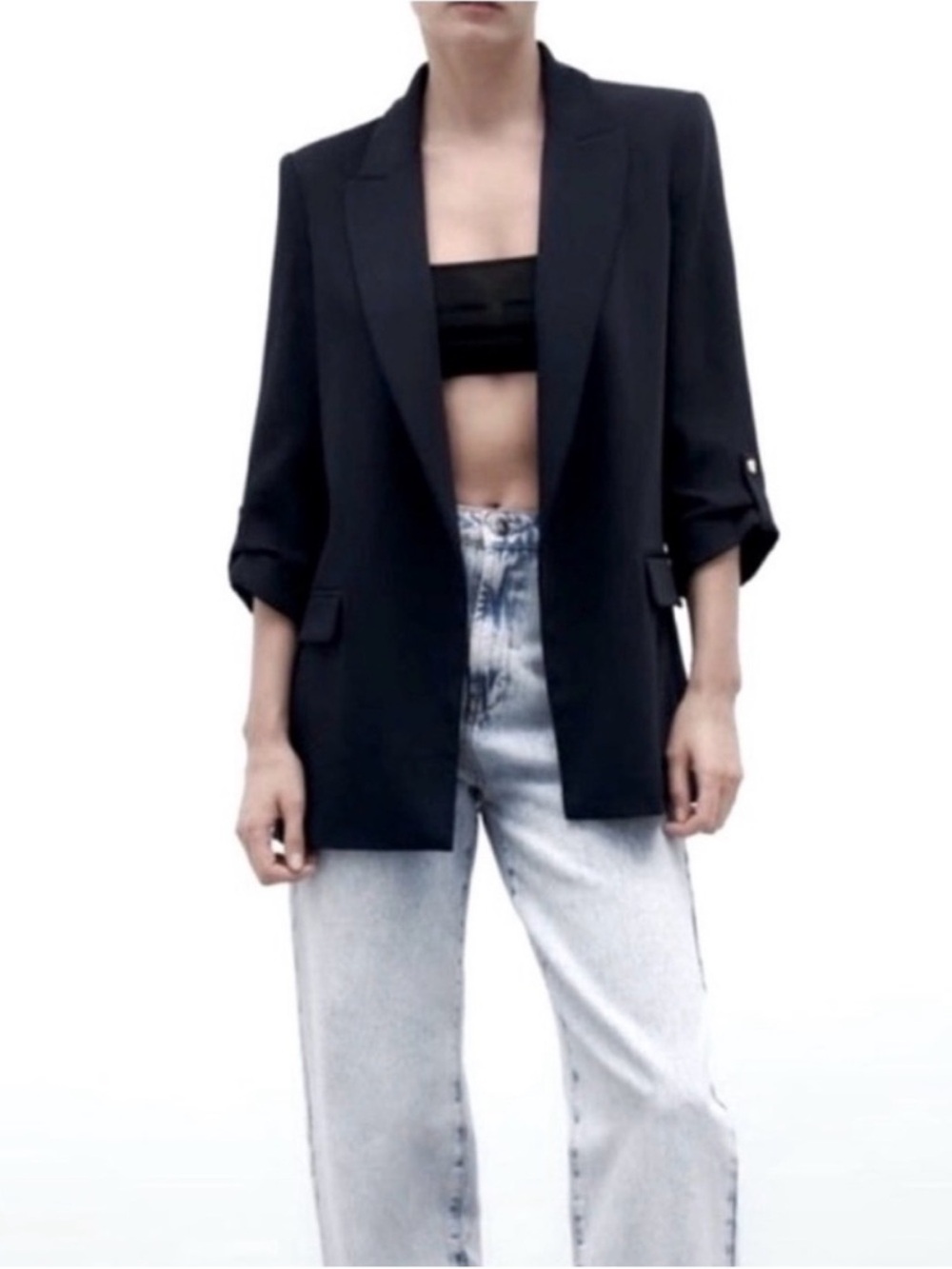 Zara Longline Blazer with Shoulder Pads Black Size Small